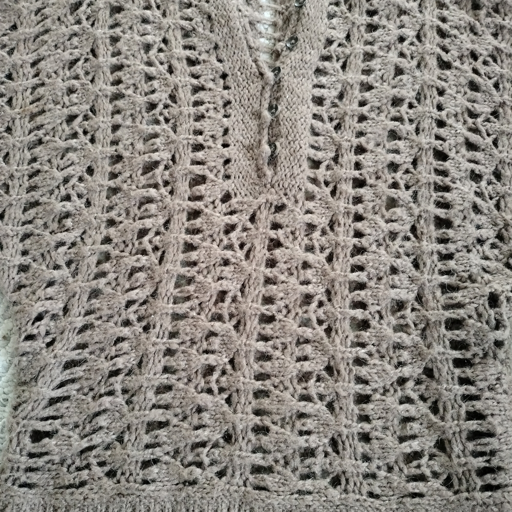 This is a Free People Pointelle Open Knit Alpaca Hooded Sweater in brown. Small - Picture 6 of 13